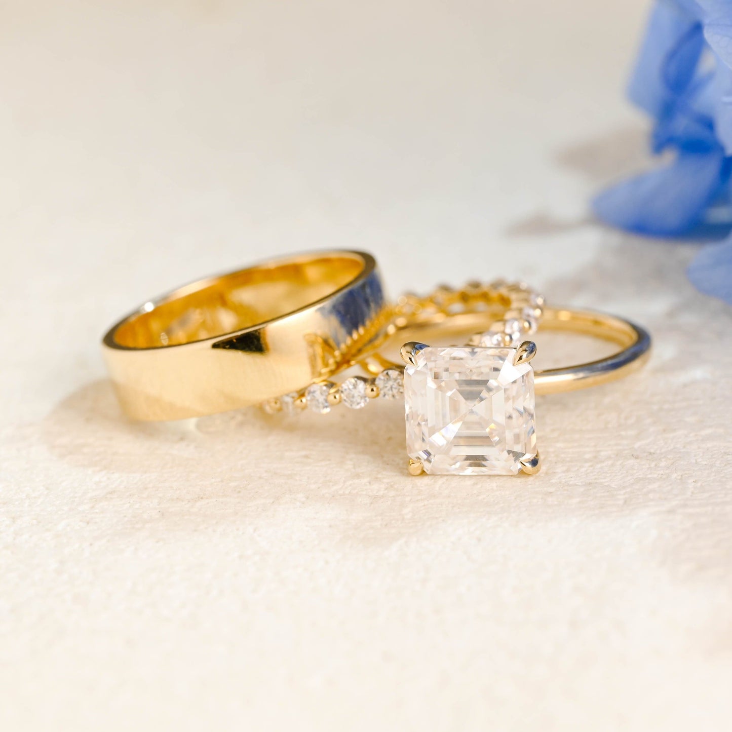 CausYou asscher cut bridal set Solid Gold Solitaire Asscher Cut Moissanite Engagement Ring Set