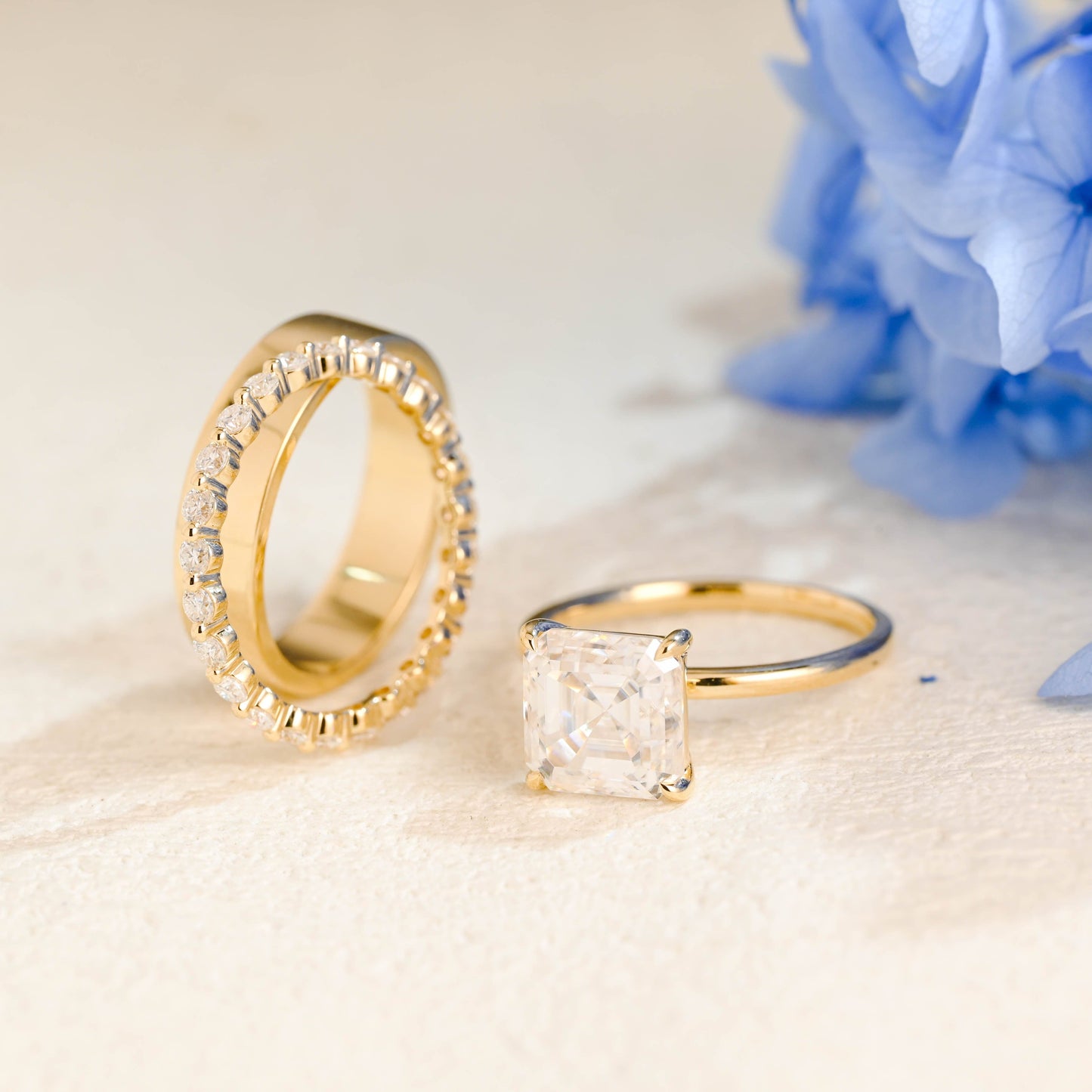 CausYou asscher cut bridal set Solid Gold Solitaire Asscher Cut Moissanite Engagement Ring Set