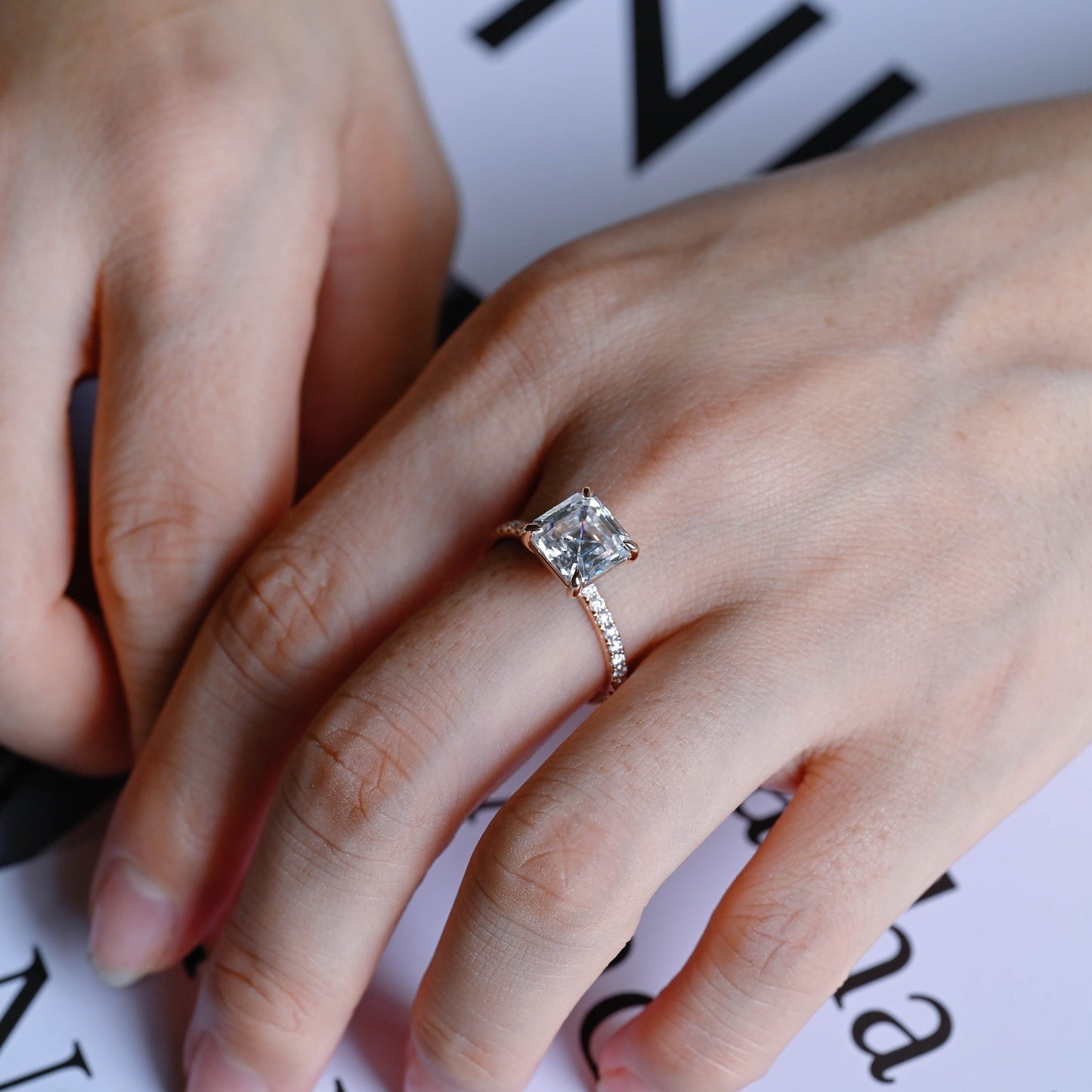 CausYou asscher cut diamond engagement ring CausYou Solid Gold D/VS1 Asscher Cut Lab Grown Diamond Engagement Ring, Half Pave Bridal Wedding Ring