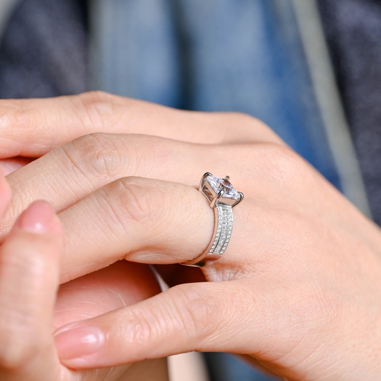 CausYou asscher cut moissanite engagement ring Solid Gold 5mm Width Asscher Cut Moissanite Engagement Ring, Baguette & Round Paved Promise Ring