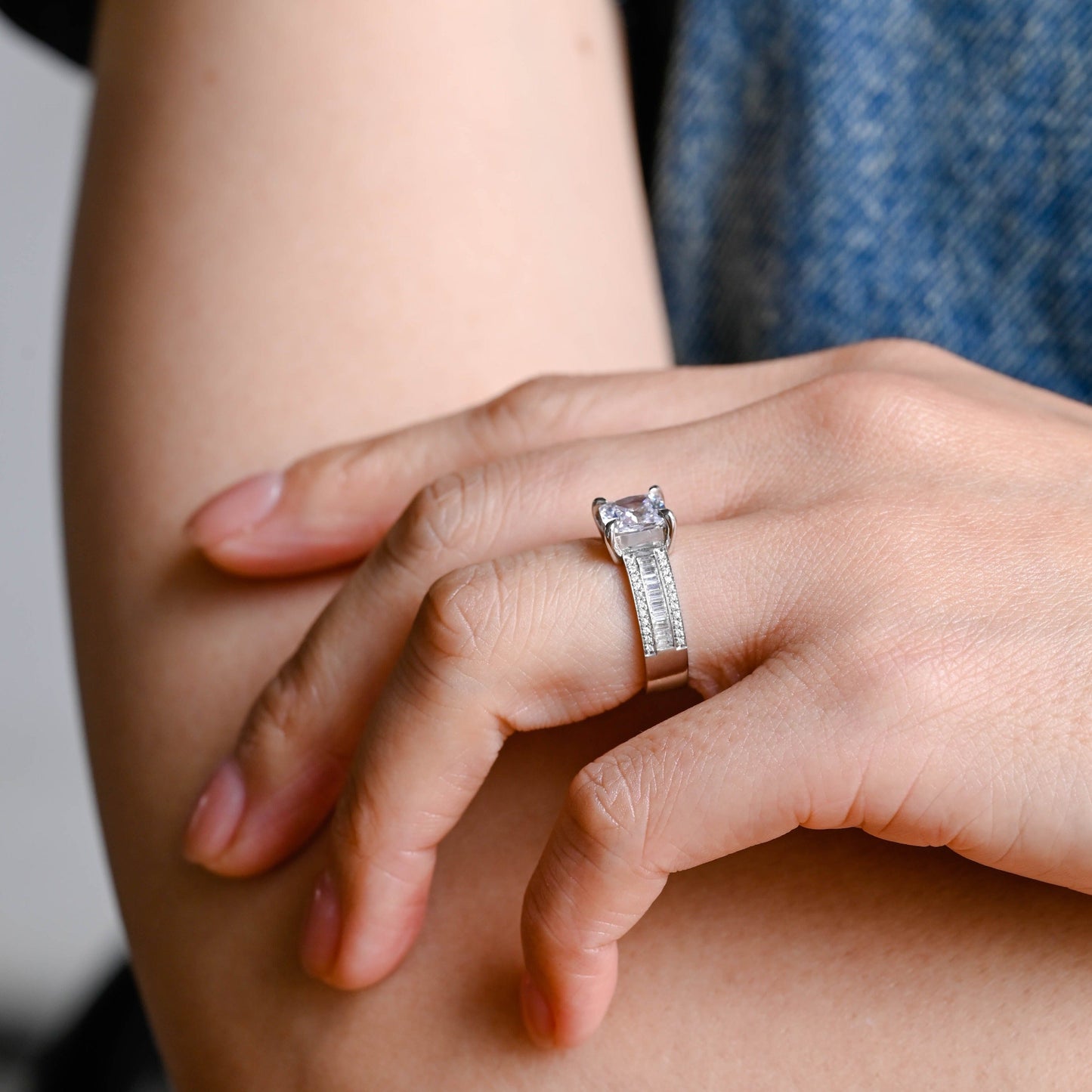 CausYou asscher cut moissanite engagement ring Solid Gold 5mm Width Asscher Cut Moissanite Engagement Ring, Baguette & Round Paved Promise Ring