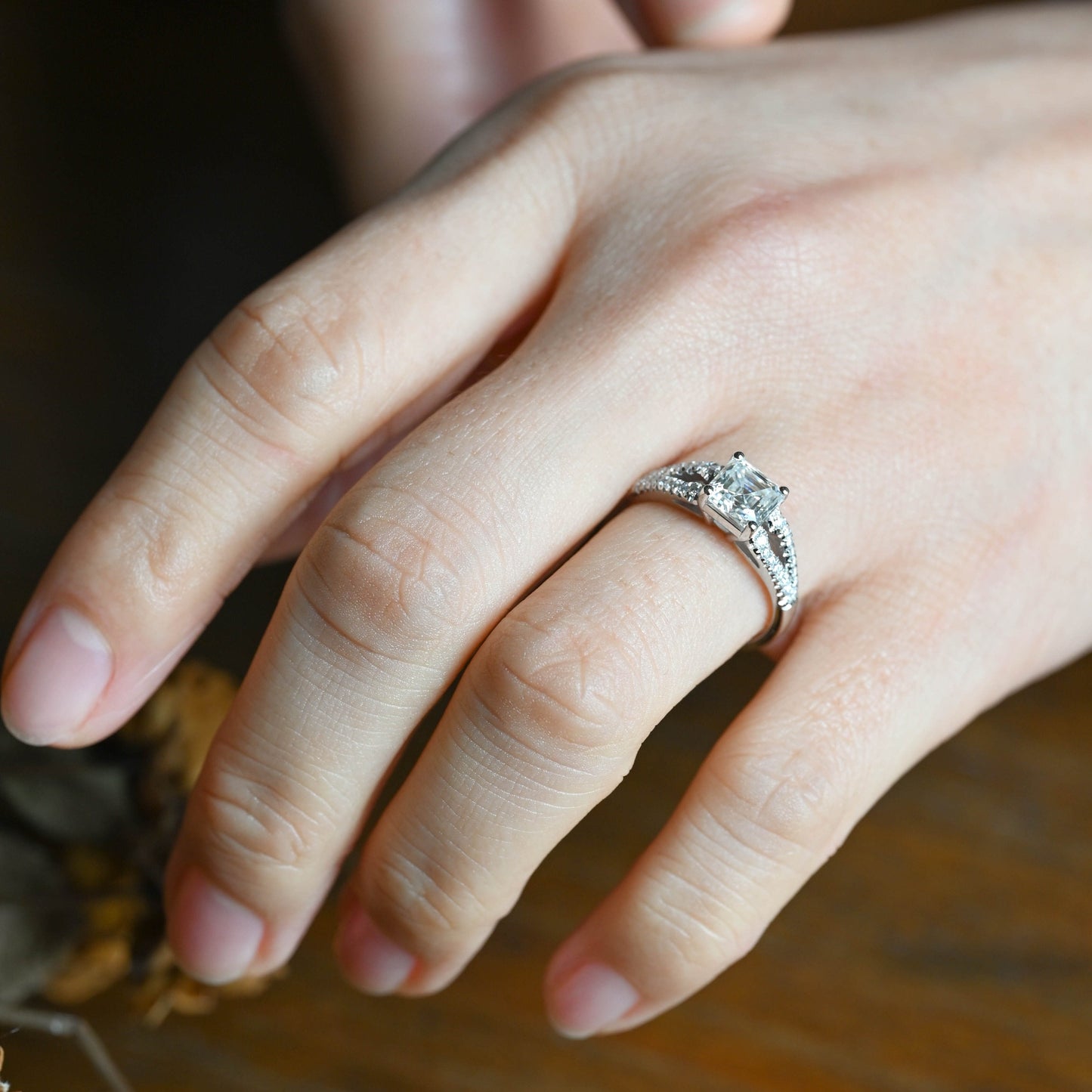 CausYou asscher cut moissanite engagement ring Solid Gold Double Half Eternity Asscher Cut Moissanite Engagement Ring