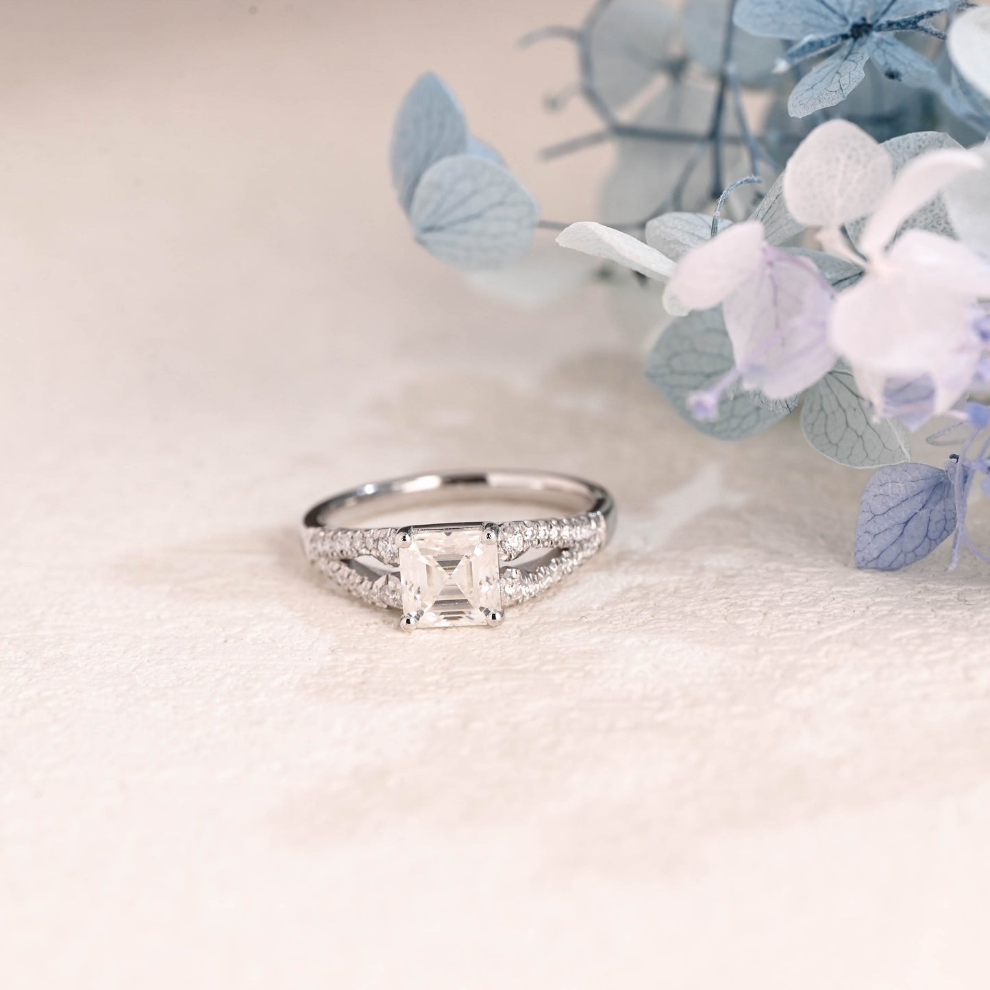 CausYou asscher cut moissanite engagement ring Solid Gold Double Half Eternity Asscher Cut Moissanite Engagement Ring