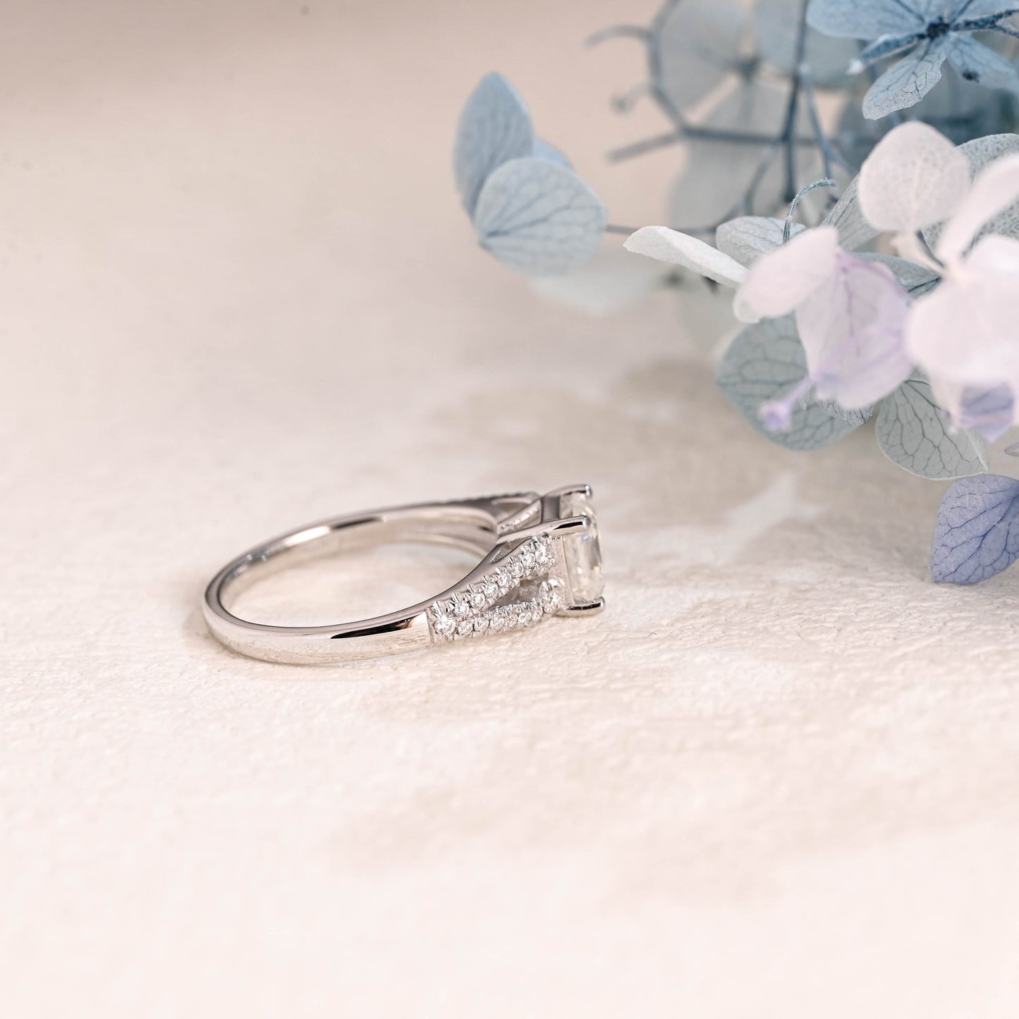 CausYou asscher cut moissanite engagement ring Solid Gold Double Half Eternity Asscher Cut Moissanite Engagement Ring
