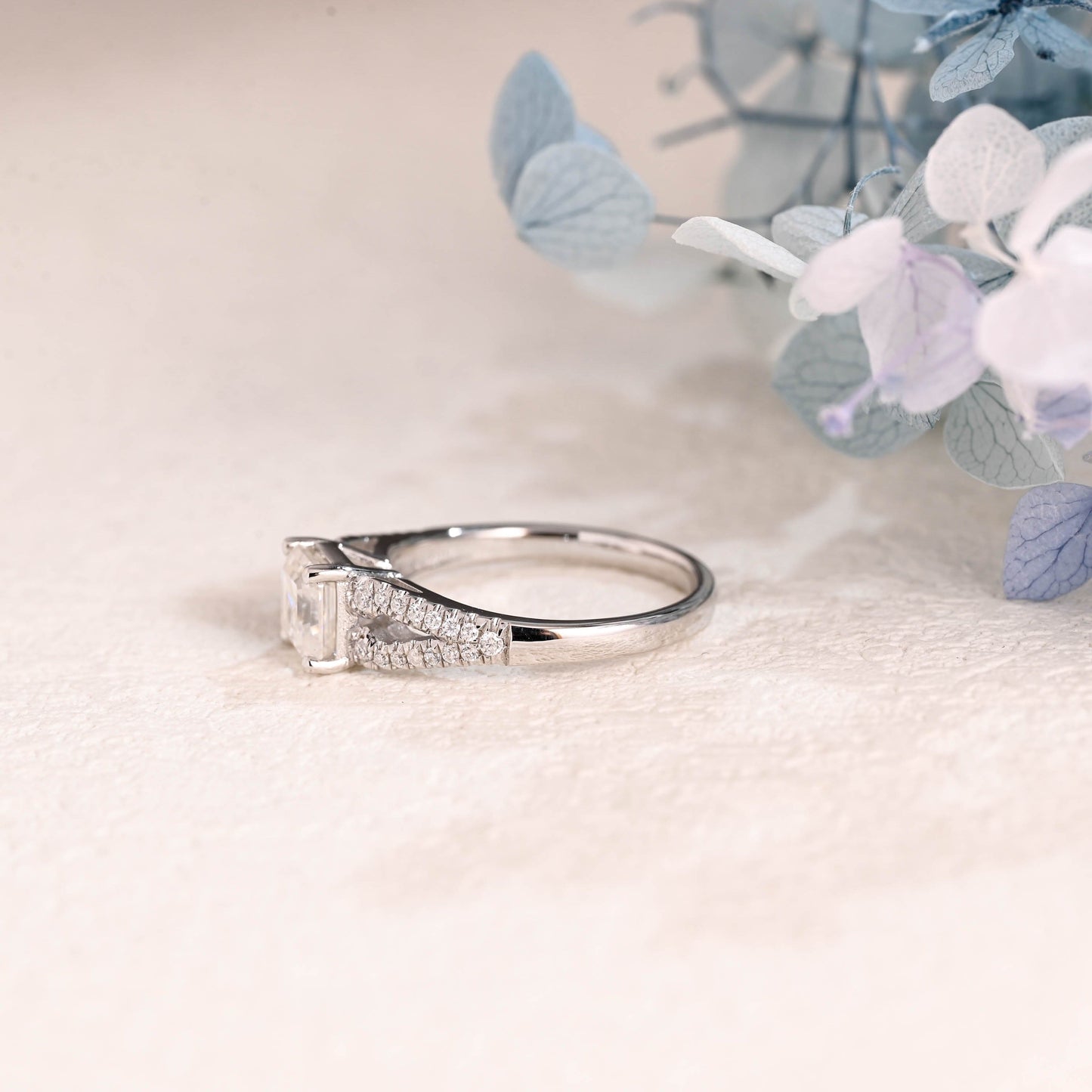 CausYou asscher cut moissanite engagement ring Solid Gold Double Half Eternity Asscher Cut Moissanite Engagement Ring
