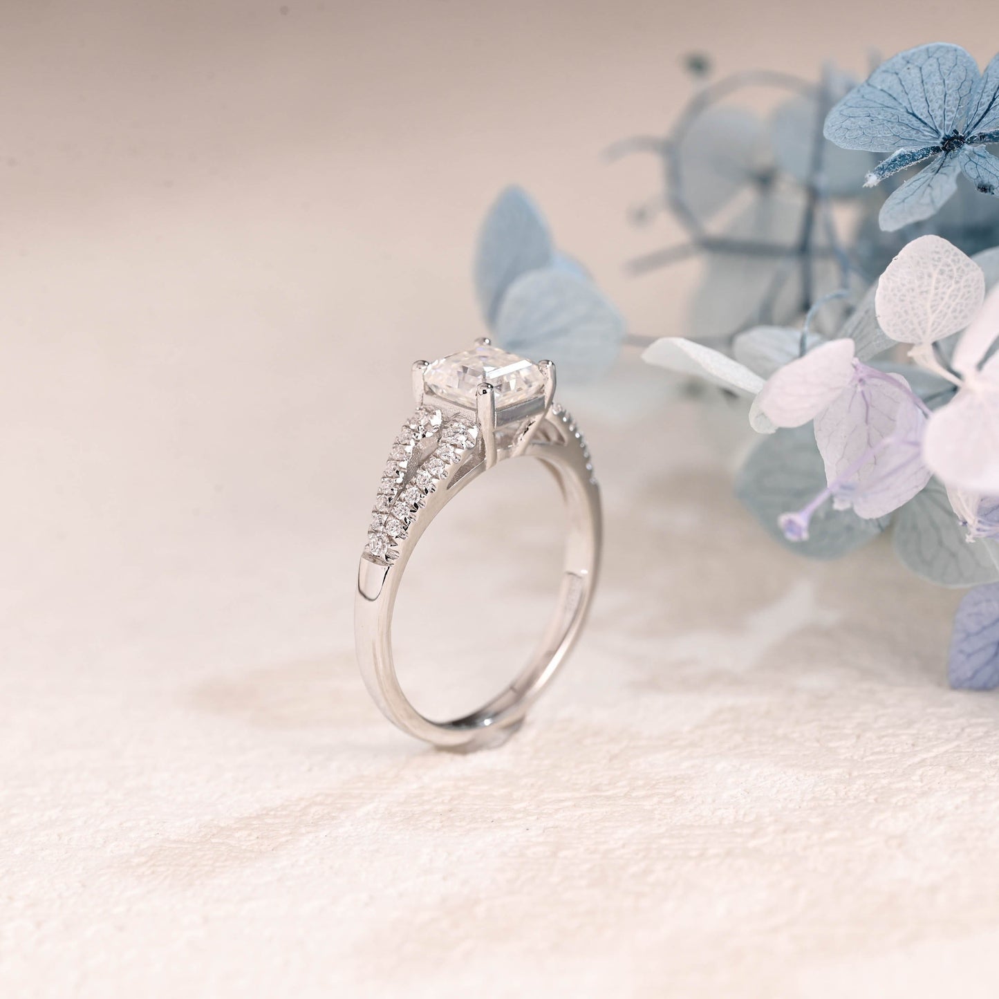 CausYou asscher cut moissanite engagement ring Solid Gold Double Half Eternity Asscher Cut Moissanite Engagement Ring