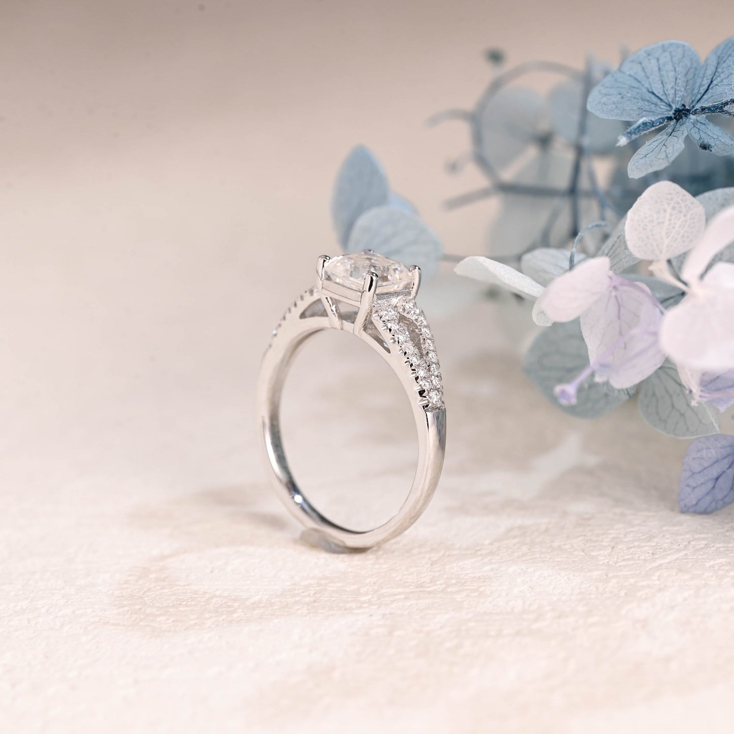 CausYou asscher cut moissanite engagement ring Solid Gold Double Half Eternity Asscher Cut Moissanite Engagement Ring