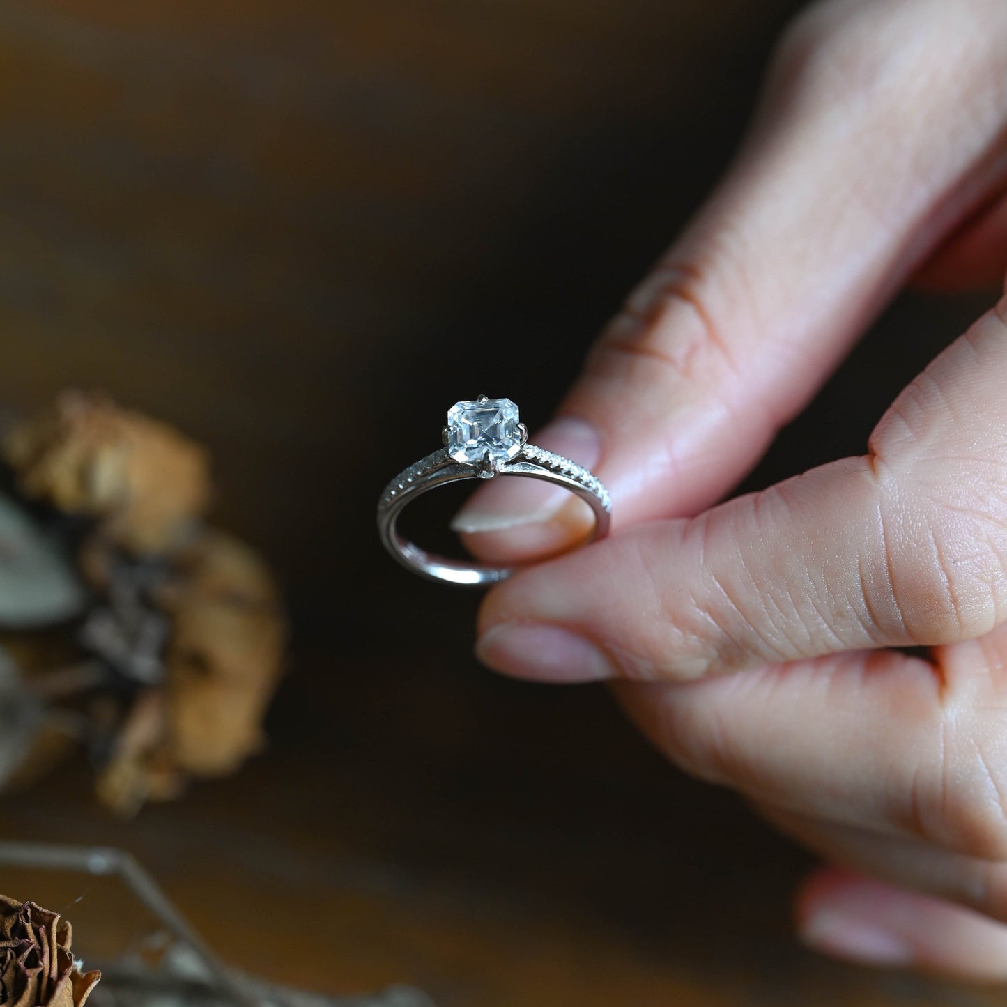 CausYou asscher cut moissanite engagement ring Solid Gold Hidden Halo Asscher Cut Moissanite Engagement Ring