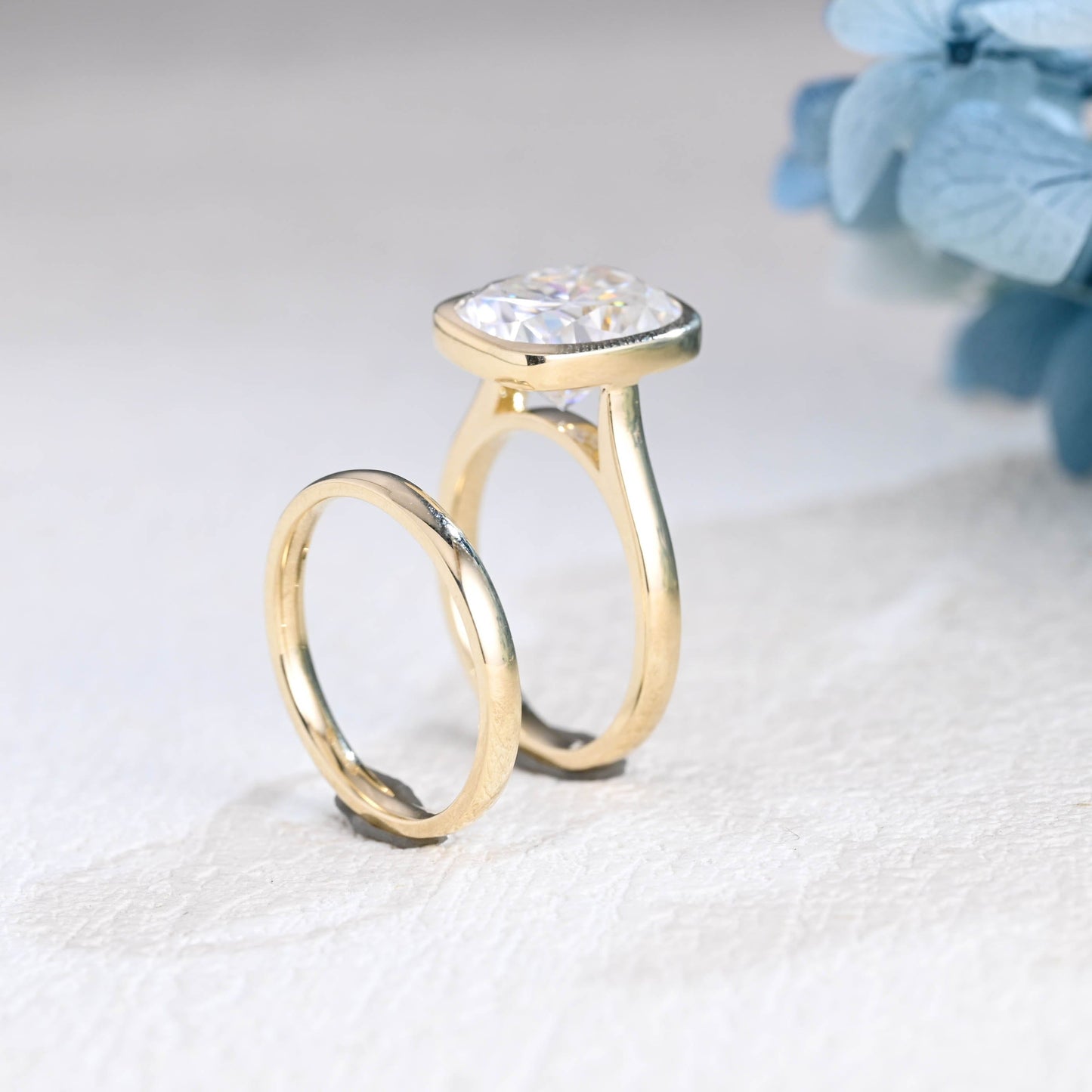 CausYou cushion cut bridal set Solid Gold Bezel Elongated Cushion Cut Moissanite Engagement Ring Set