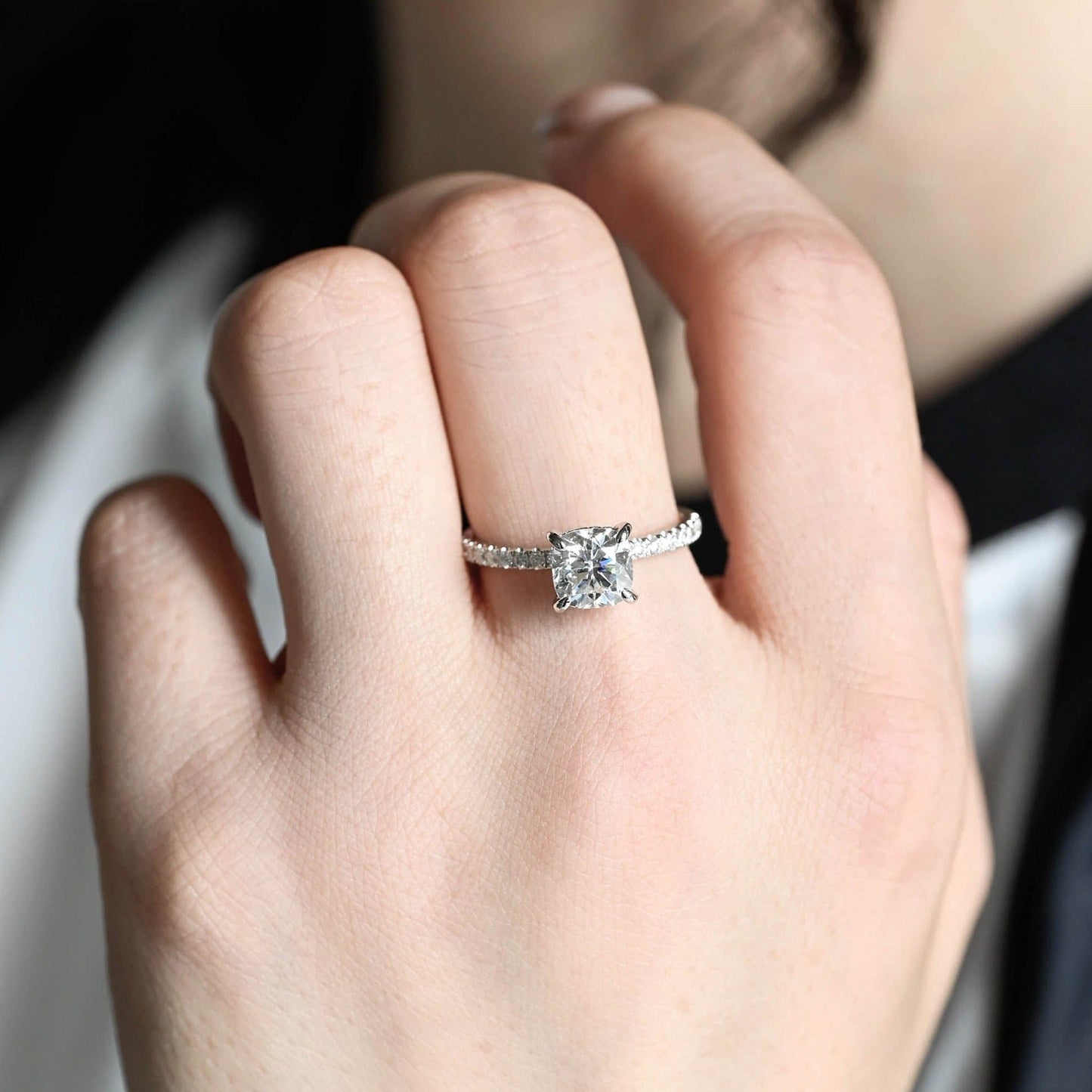 CausYou cushion cut diamond engagement ring CausYou Solid Gold D/VS1 Cushion Cut Diamond Engagement Ring Hidden Halo, Lab Grown Diamond Paved Ring, Promise Ring, Gift for Women Wife