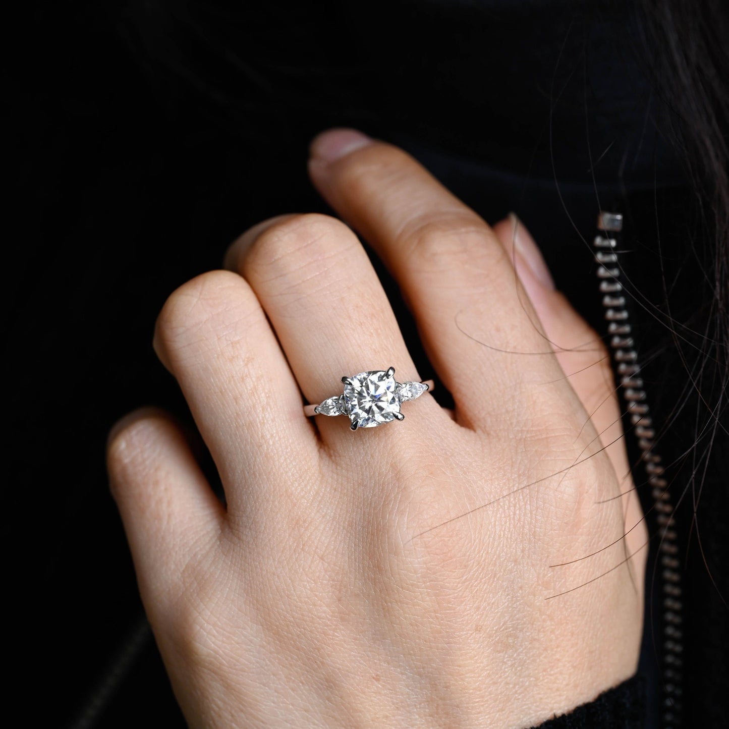 CausYou cushion cut diamond engagement ring CausYou Solid Gold D/VS1 Cushion Cut Lab Grown Diamond Ring, Pear Side Stones Engagement Wedding Ring for Women