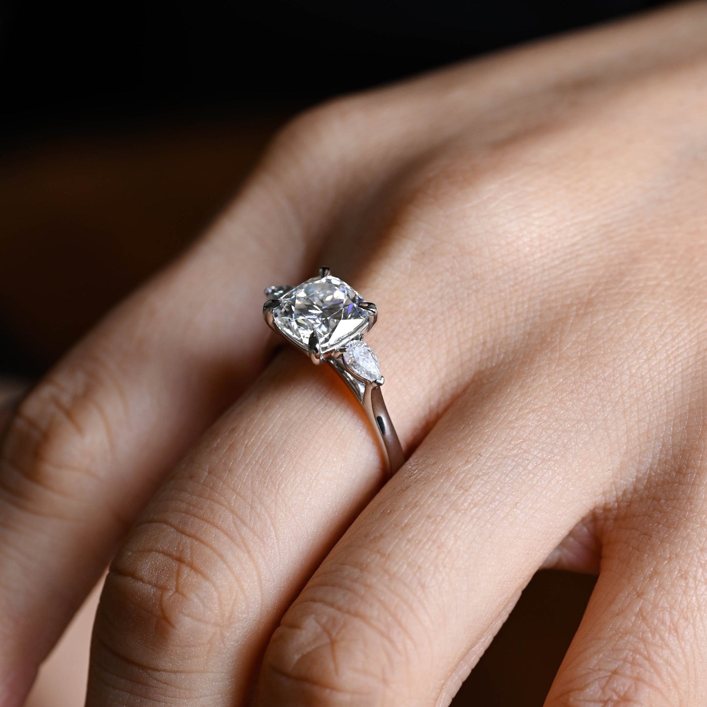 CausYou cushion cut diamond engagement ring CausYou Solid Gold D/VS1 Cushion Cut Lab Grown Diamond Ring, Pear Side Stones Engagement Wedding Ring for Women