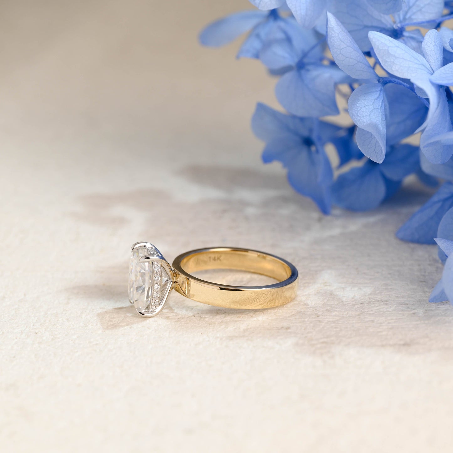 CausYou cushion cut moissanite engagement ring Solid Gold 3mm Width Hidden Halo Elongated Cushion Cut Moissanite Engagement Ring