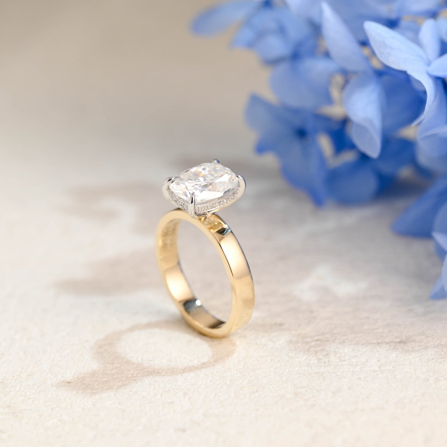 CausYou cushion cut moissanite engagement ring Solid Gold 3mm Width Hidden Halo Elongated Cushion Cut Moissanite Engagement Ring