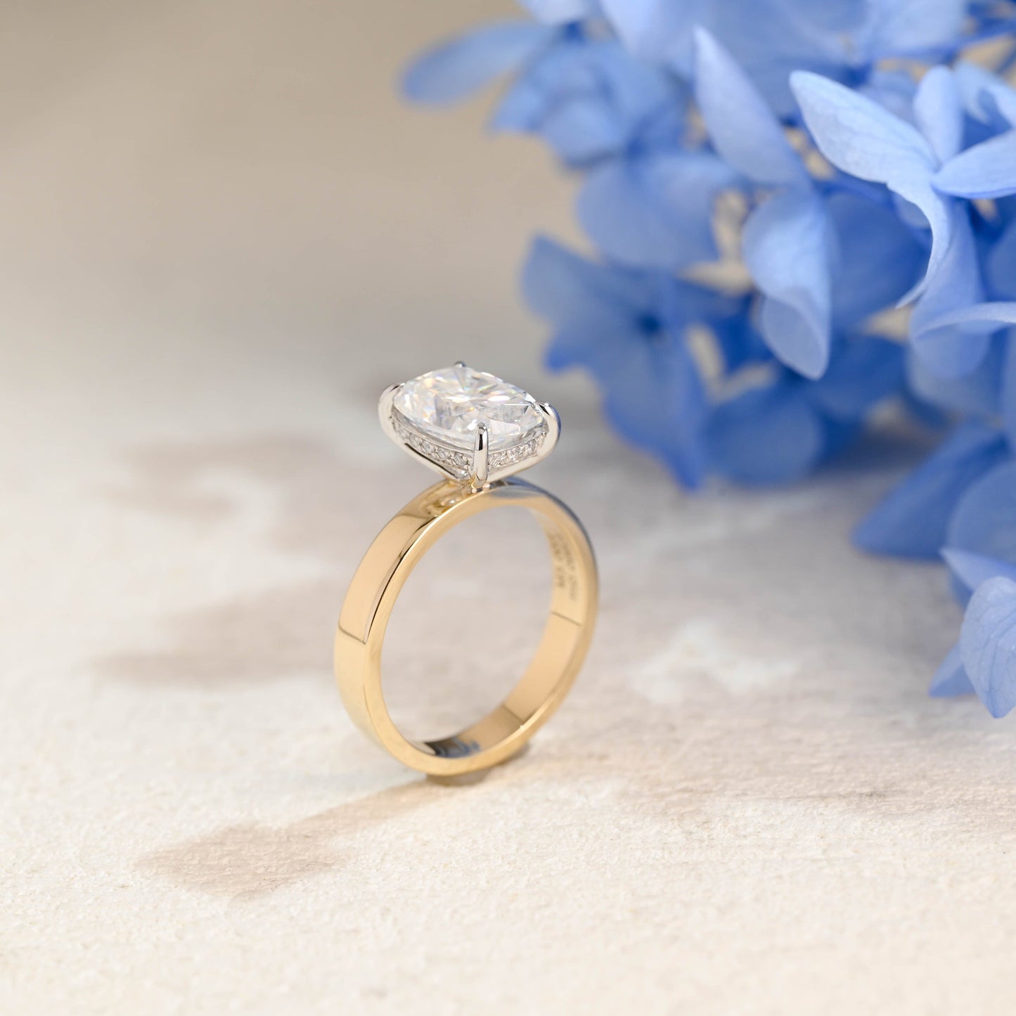 CausYou cushion cut moissanite engagement ring Solid Gold 3mm Width Hidden Halo Elongated Cushion Cut Moissanite Engagement Ring