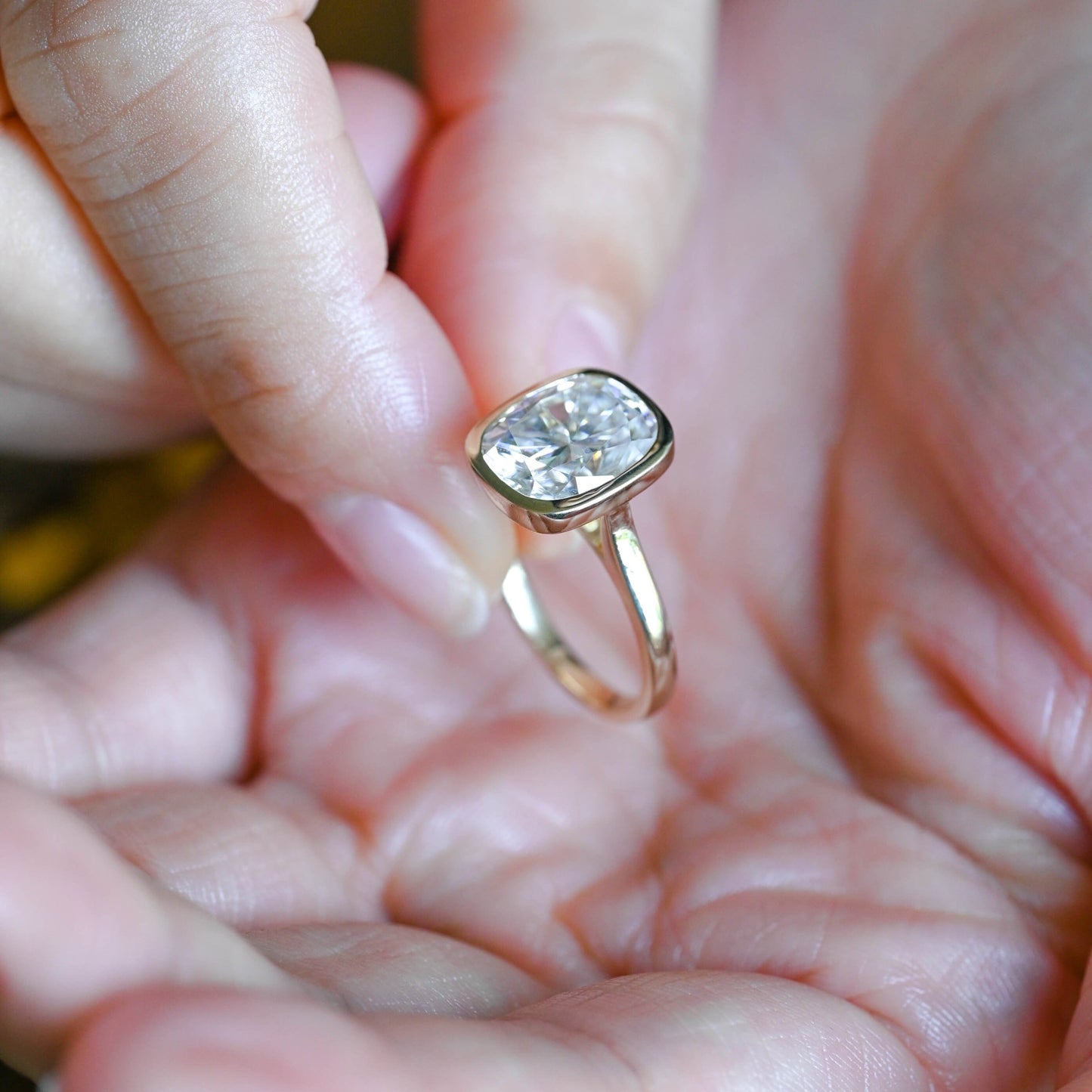 CausYou cushion cut moissanite engagement ring Solid Gold Bezel Elongated Cushion Cut Moissanite Engagement Ring