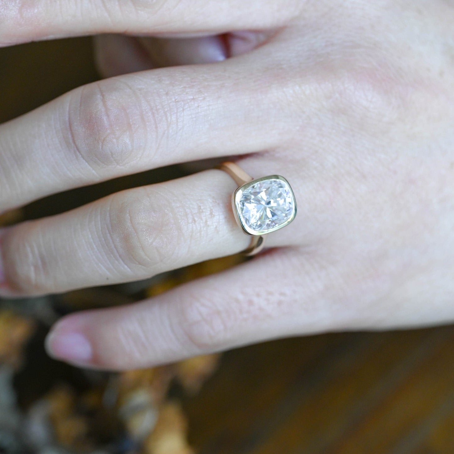 CausYou cushion cut moissanite engagement ring Solid Gold Bezel Elongated Cushion Cut Moissanite Engagement Ring