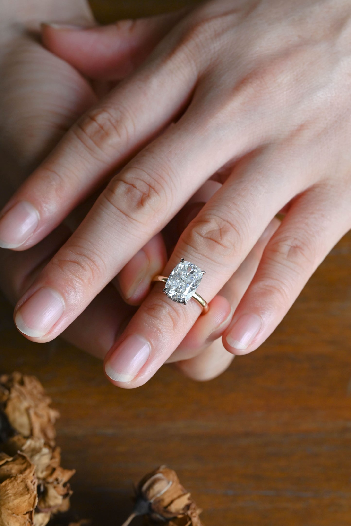 CausYou cushion cut moissanite engagement ring Solid Gold Hidden Halo Crushed Ice Elongated Cushion Cut Moissanite Engagement Ring (Copy)