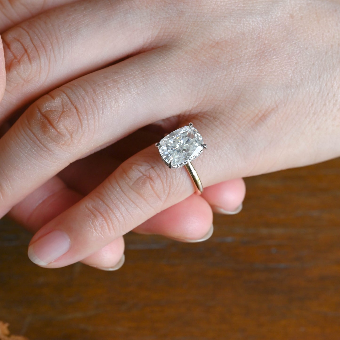CausYou cushion cut moissanite engagement ring Solid Gold Hidden Halo Crushed Ice Elongated Cushion Cut Moissanite Engagement Ring (Copy)