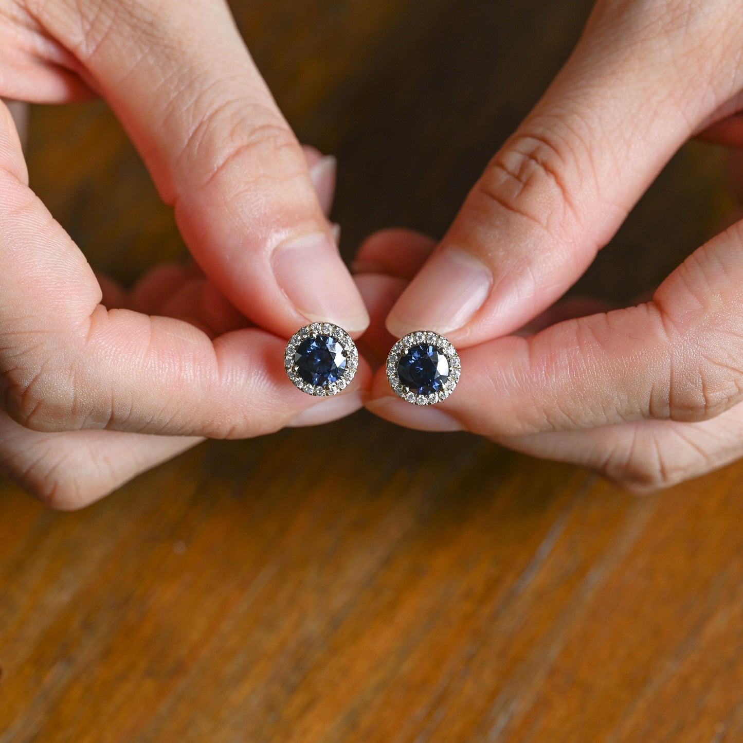 CausYou earrings Solid Gold Halo Round Cut Blue Moissanite Earring Studs