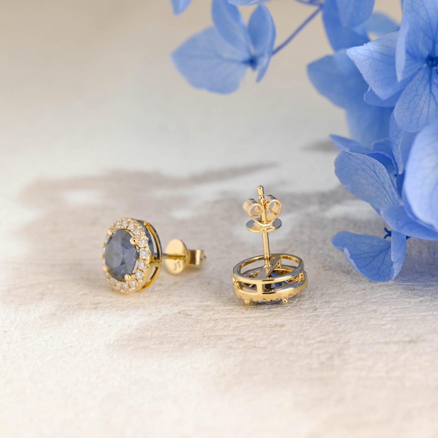 CausYou earrings Solid Gold Halo Round Cut Blue Moissanite Earring Studs