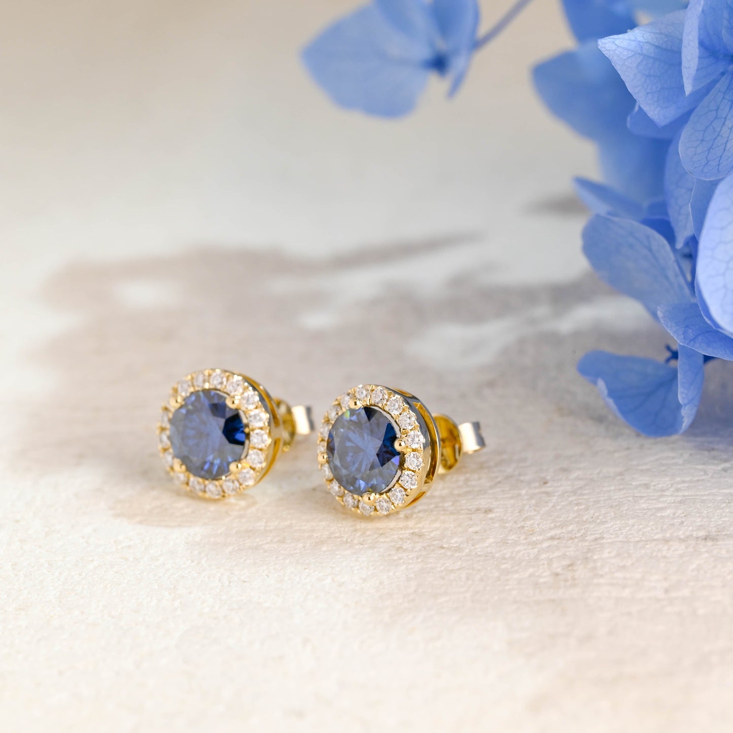 CausYou earrings Solid Gold Halo Round Cut Blue Moissanite Earring Studs