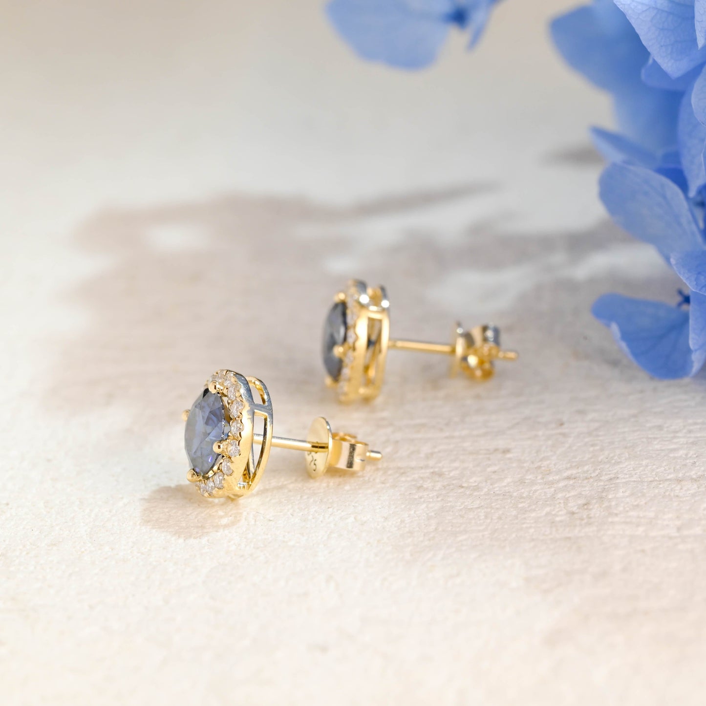 CausYou earrings Solid Gold Halo Round Cut Blue Moissanite Earring Studs