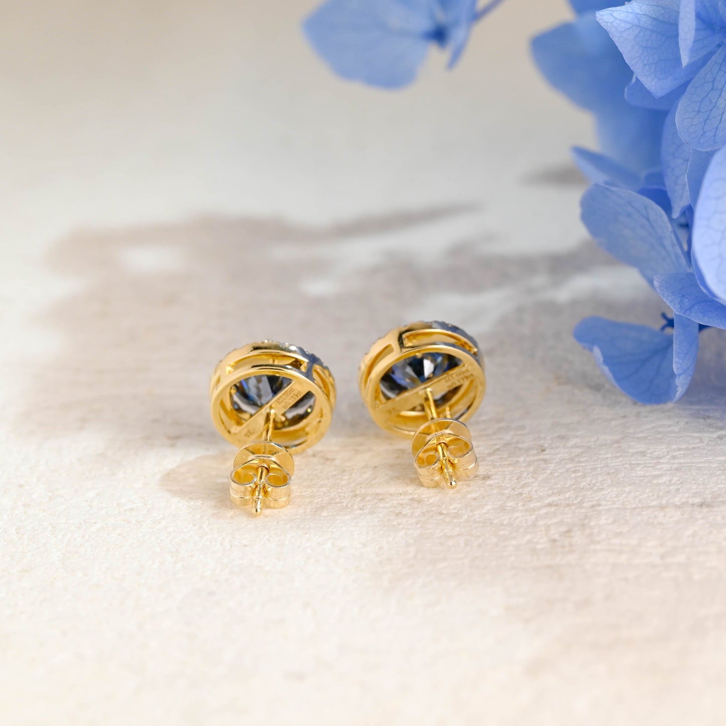 CausYou earrings Solid Gold Halo Round Cut Blue Moissanite Earring Studs