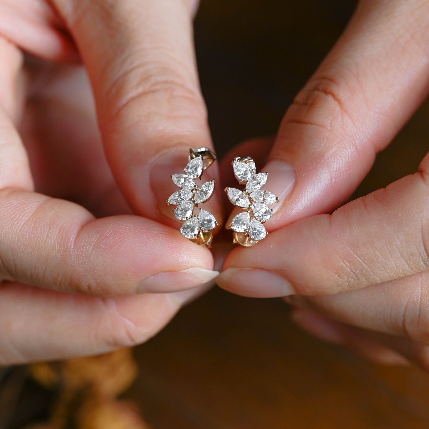 CausYou earrings Solid Gold Pear Moissanite Cluster Drop Statement Earrings