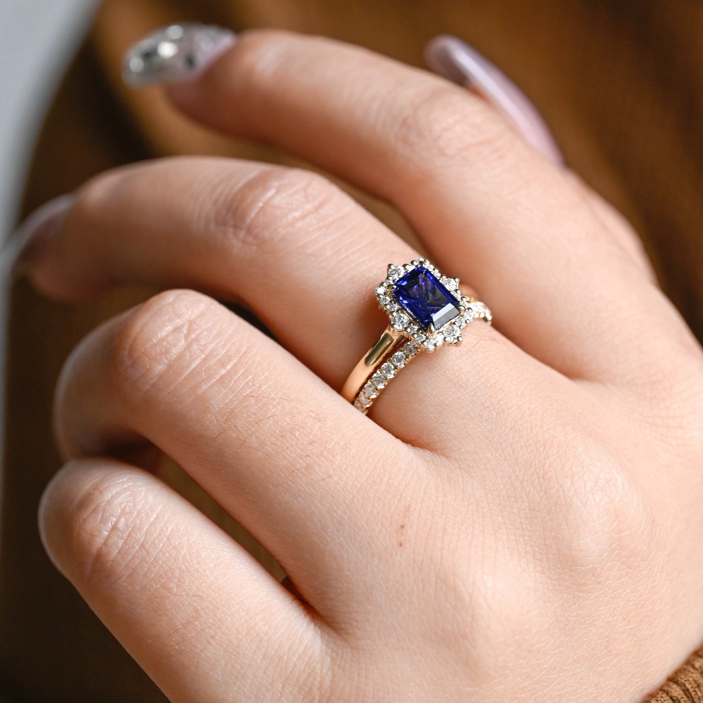 CausYou emerald cut bridal set CausYou Solid Gold Emerald Cut Lab Grown Sapphire Engagement Ring Set, Bridal Set, Gift for Woman, Wife