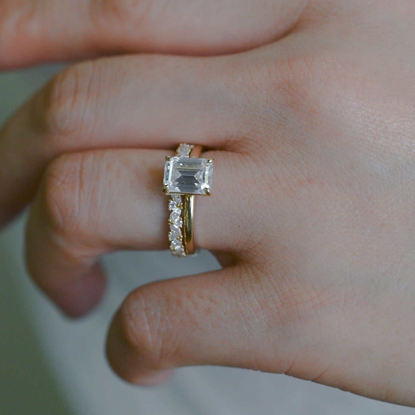 CausYou emerald cut bridal set Solid Gold Emerald Cut Moissanite Engagement Ring and Wedding Band Ring Set