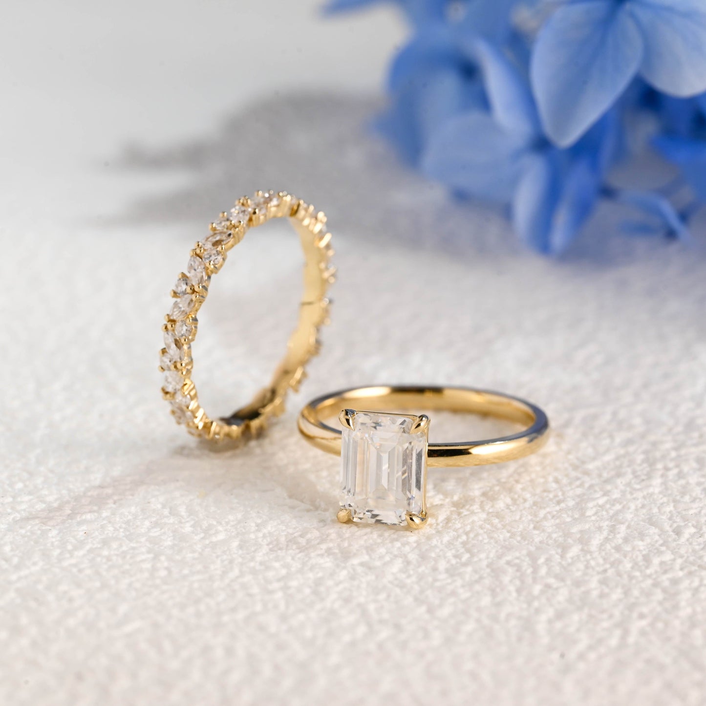 CausYou emerald cut bridal set Solid Gold Emerald Cut Moissanite Engagement Ring and Wedding Band Ring Set