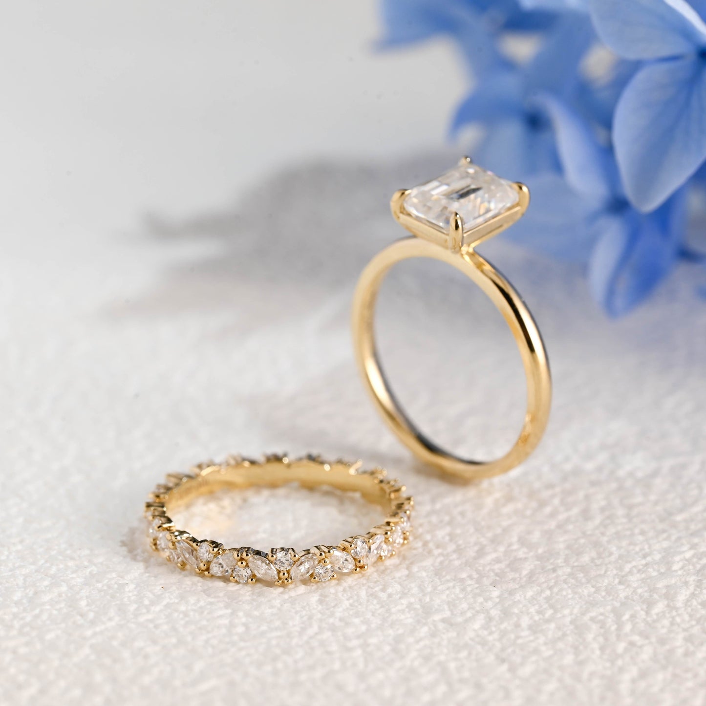 CausYou emerald cut bridal set Solid Gold Emerald Cut Moissanite Engagement Ring and Wedding Band Ring Set