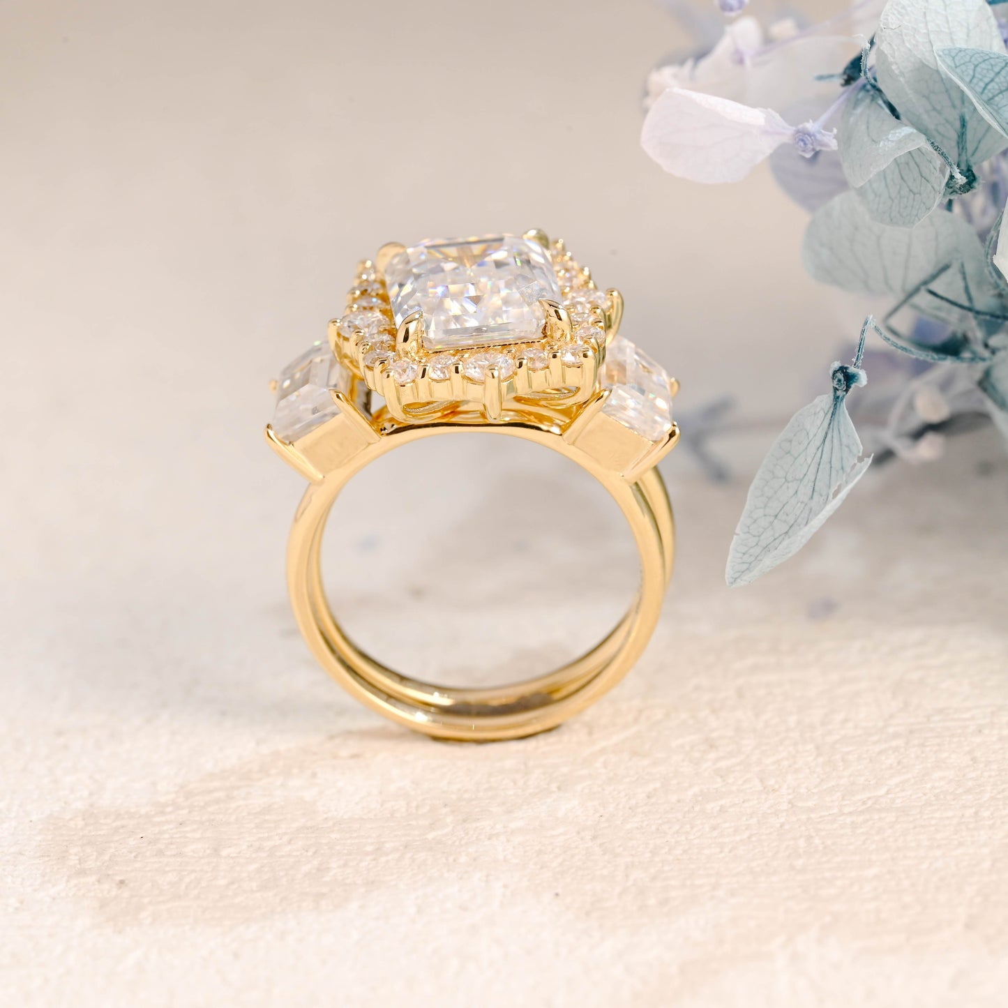 CausYou emerald cut bridal set Solid Gold Halo Emerald Cut Moissanite Engagement Ring Set