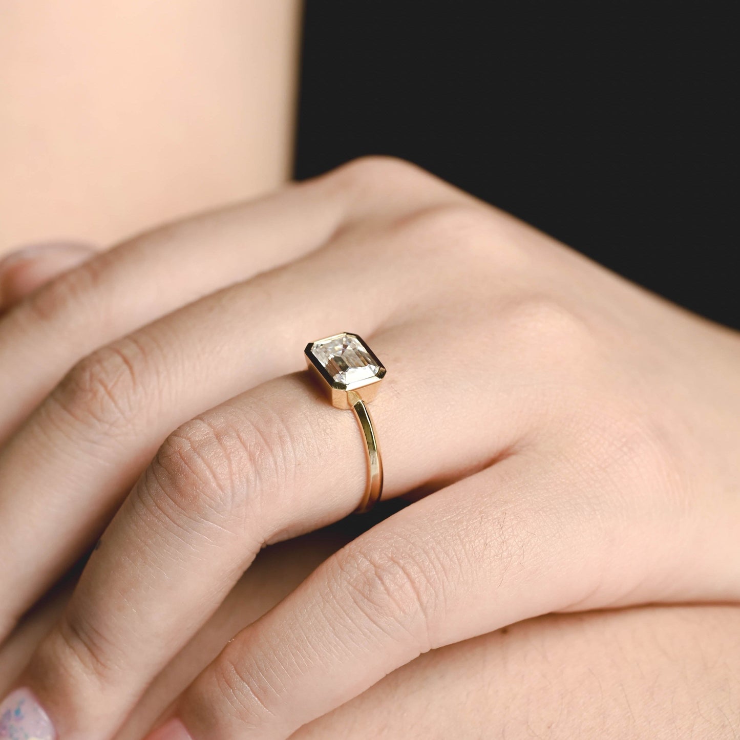 CausYou emerald cut diamond engagement ring CausYou Solid Gold D/VS1 Bezel Lab Grown Emerald Cut Diamond Engagement Ring, East West Set Wedding Ring