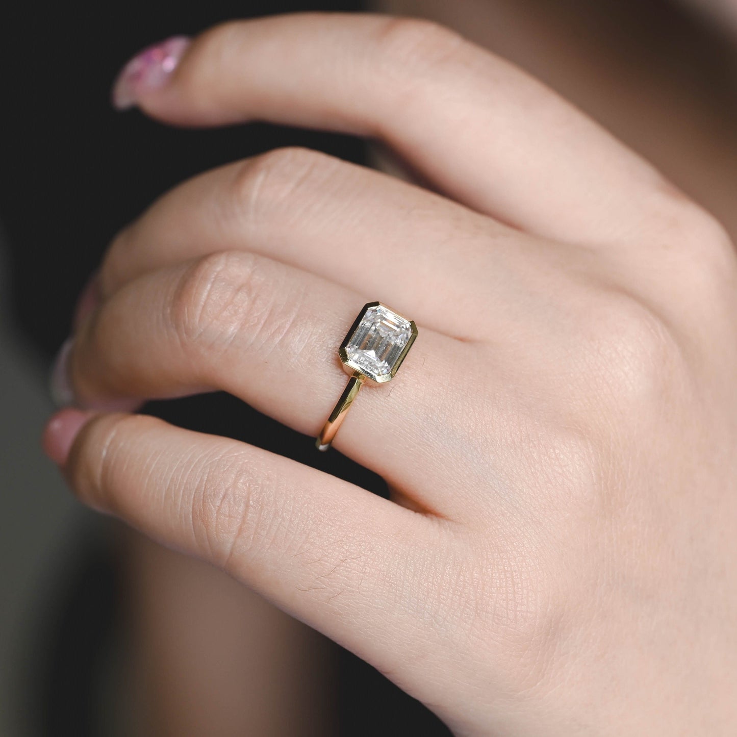 CausYou emerald cut diamond engagement ring CausYou Solid Gold D/VS1 Bezel Lab Grown Emerald Cut Diamond Engagement Ring, East West Set Wedding Ring