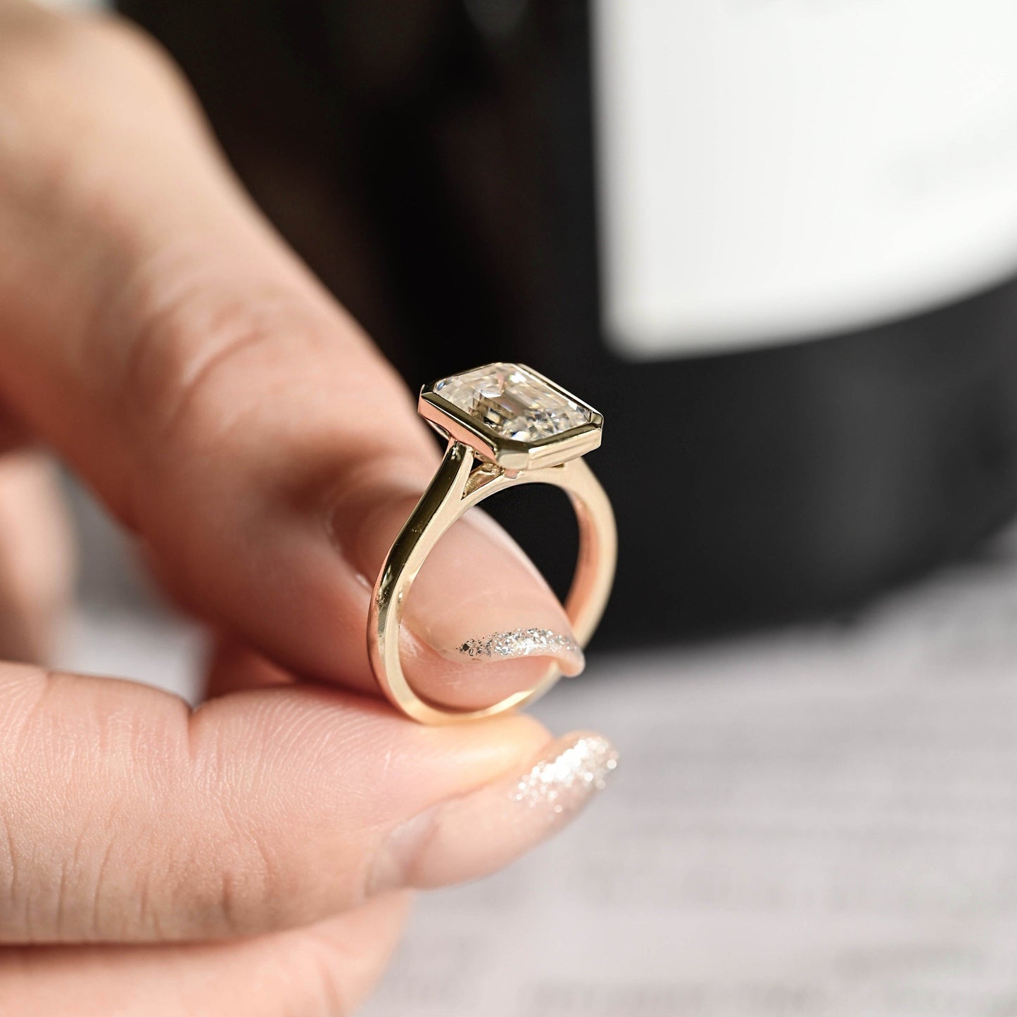 CausYou emerald cut diamond engagement ring CausYou Solid Gold D/VS1 Emerald Cut Diamond Engagement Ring Cathedral Ring, Lab Grown Diamond Solitaire Ring, Bezel Promise Ring, Gift for Women Wife