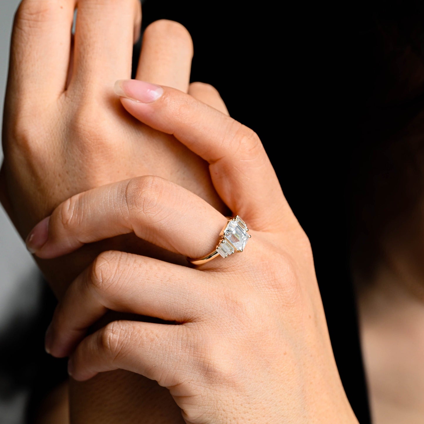 CausYou emerald cut diamond engagement ring CausYou Solid Gold D/VS1 Emerald Cut Lab Grown Diamond Engagement Ring, Baguette Accents Wedding Ring
