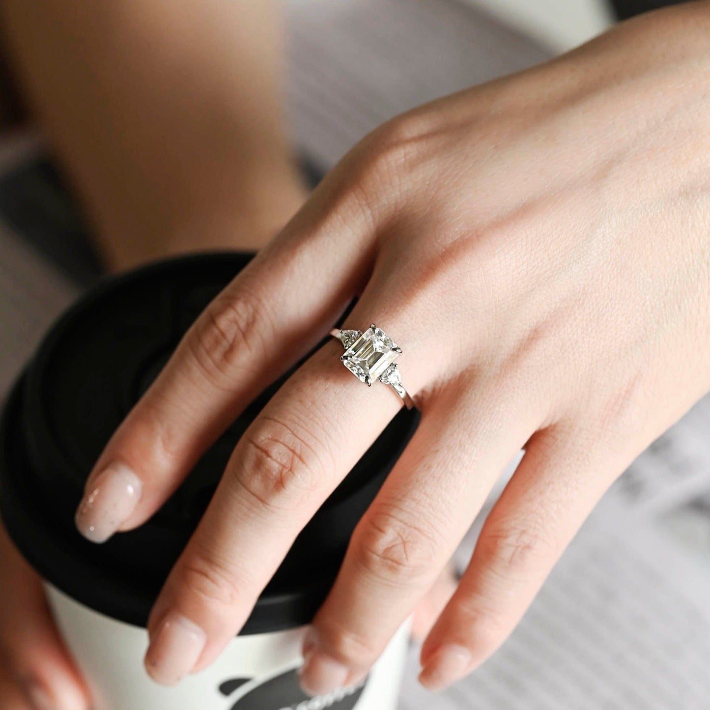 CausYou emerald cut diamond engagement ring CausYou Solid Gold D/VS1 Emerald Cut Lab Grown Diamond Engagement Ring, Three Stone Wedding Ring For Her