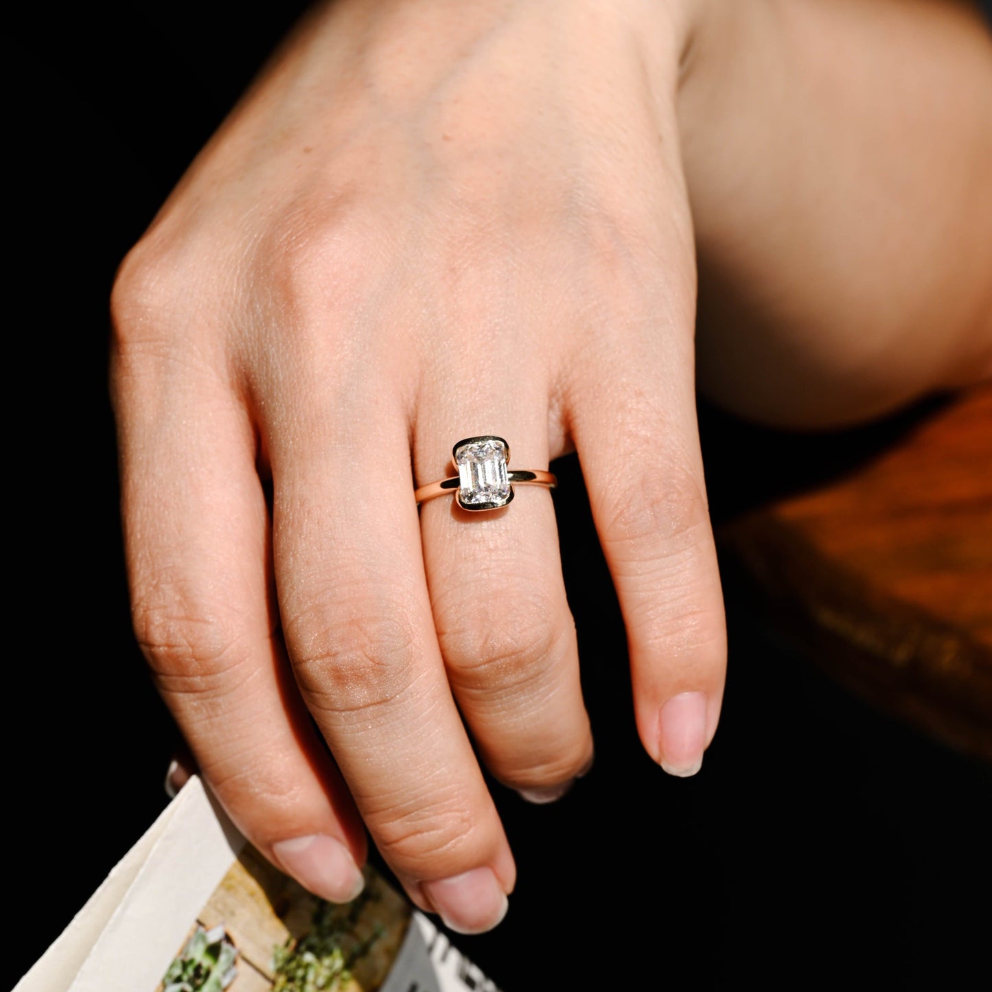 CausYou emerald cut diamond engagement ring CausYou Solid Gold D/VS1 Half Bezel Emerald Cut Lab Grown Diamond Engagement Ring, Solitaire Bridal Promise Ring