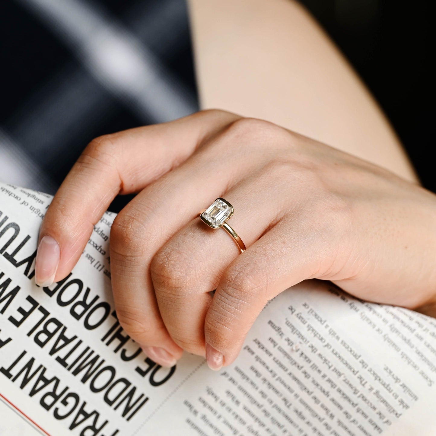CausYou emerald cut diamond engagement ring CausYou Solid Gold D/VS1 Half Bezel Emerald Cut Lab Grown Diamond Engagement Ring, Solitaire Bridal Promise Ring