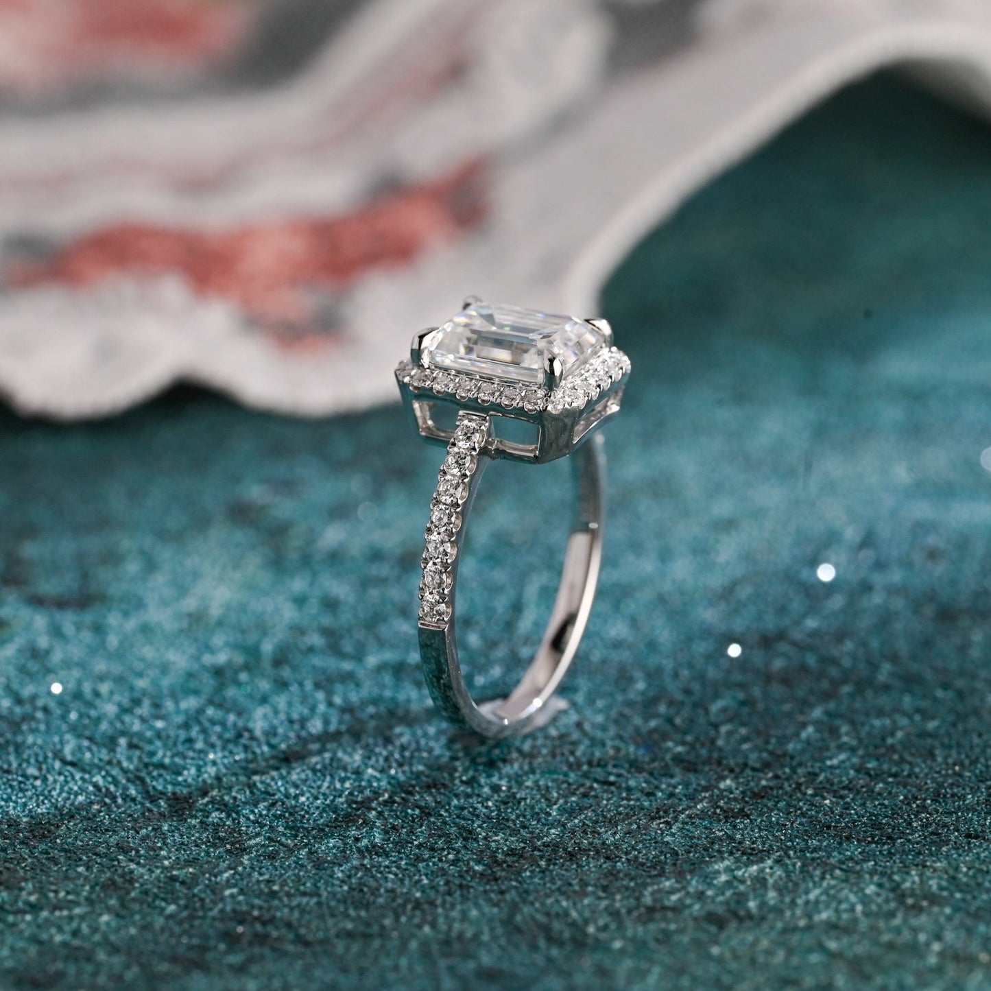 CausYou emerald cut diamond engagement ring CausYou Solid Gold D/VS1 Low Setting Halo Pave Emerald Cut Lab Grown Diamond Engagement Ring
