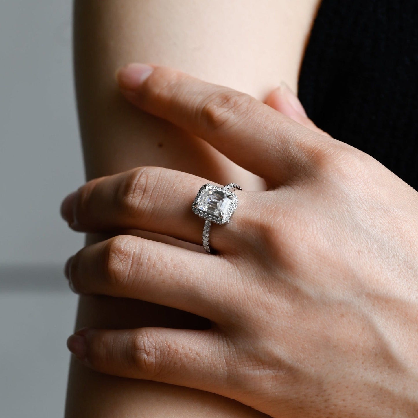 CausYou emerald cut diamond engagement ring CausYou Solid Gold D/VS1 Low Setting Halo Pave Emerald Cut Lab Grown Diamond Engagement Ring