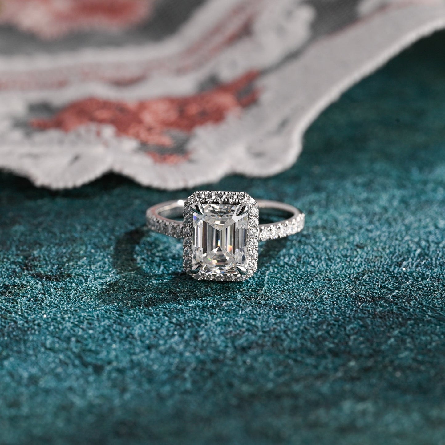 CausYou emerald cut diamond engagement ring CausYou Solid Gold D/VS1 Low Setting Halo Pave Emerald Cut Lab Grown Diamond Engagement Ring