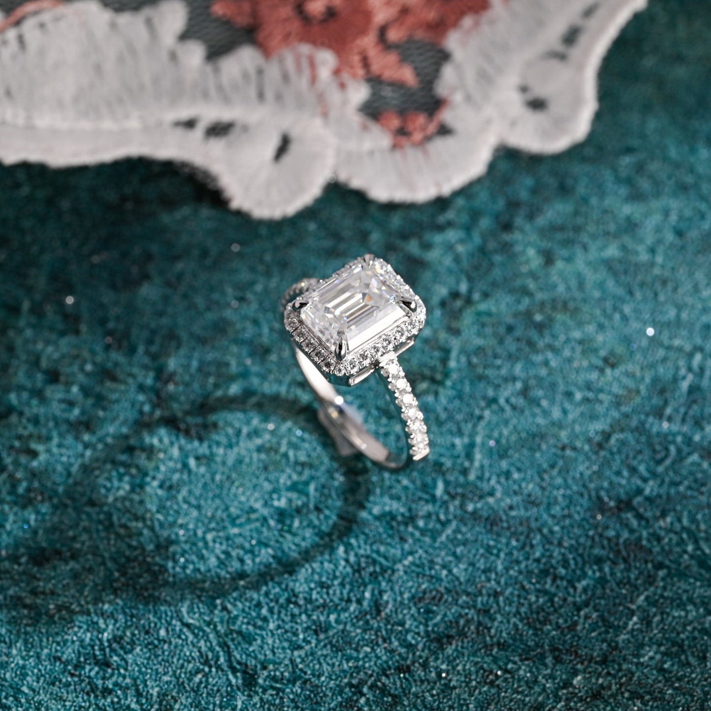 CausYou emerald cut diamond engagement ring CausYou Solid Gold D/VS1 Low Setting Halo Pave Emerald Cut Lab Grown Diamond Engagement Ring