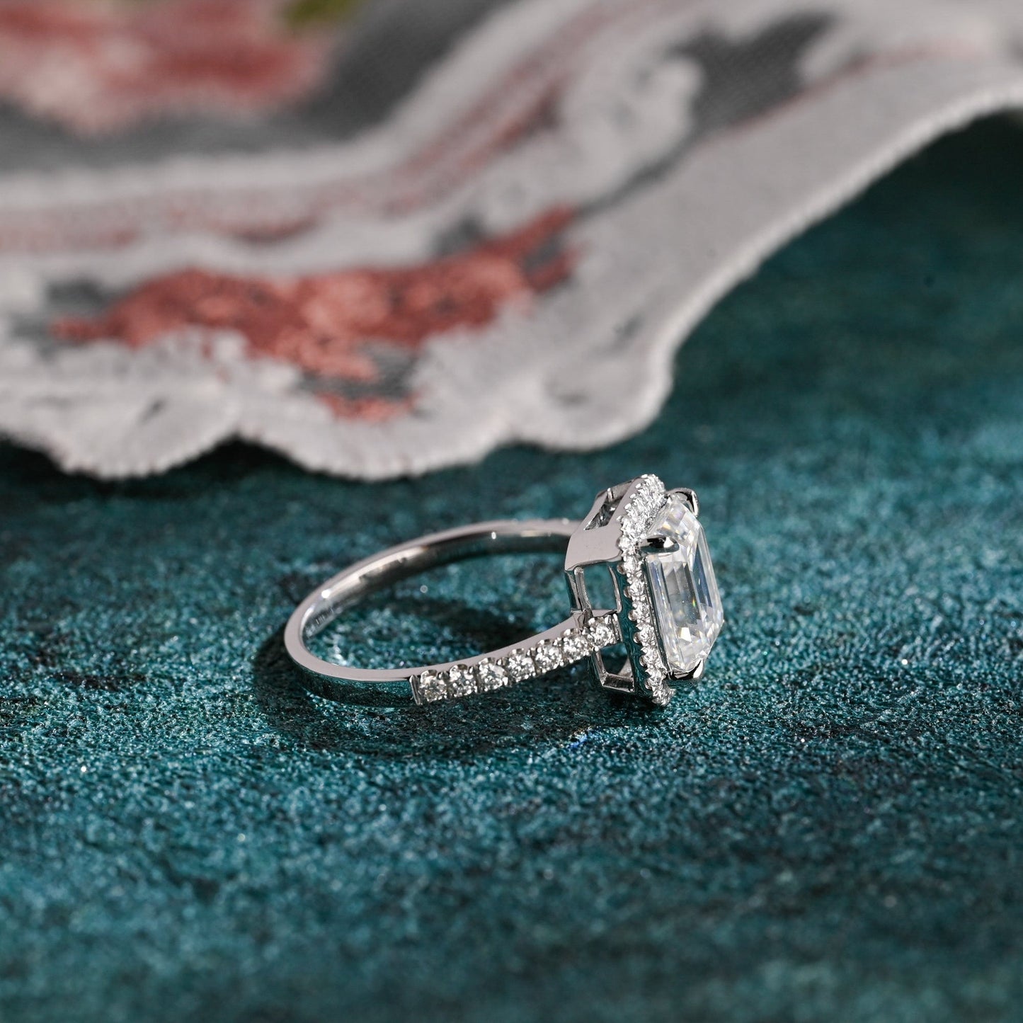 CausYou emerald cut diamond engagement ring CausYou Solid Gold D/VS1 Low Setting Halo Pave Emerald Cut Lab Grown Diamond Engagement Ring