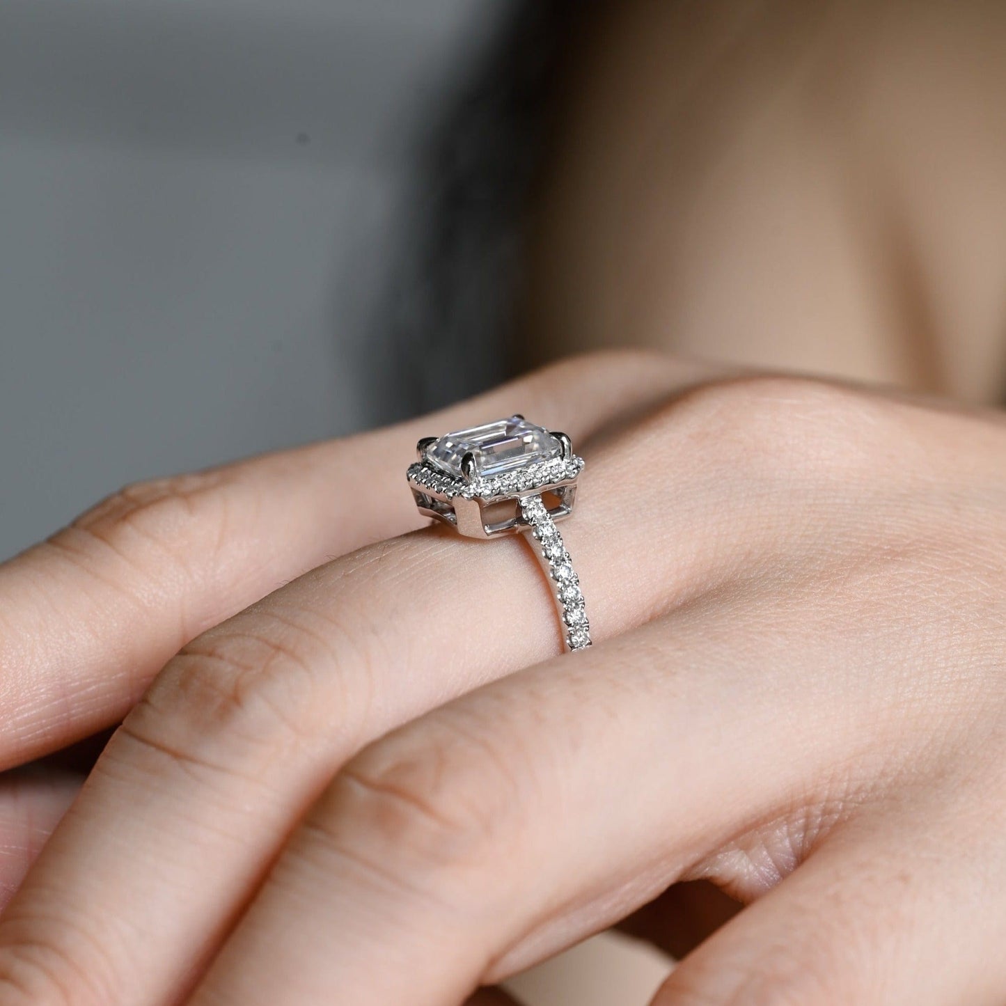 CausYou emerald cut diamond engagement ring CausYou Solid Gold D/VS1 Low Setting Halo Pave Emerald Cut Lab Grown Diamond Engagement Ring