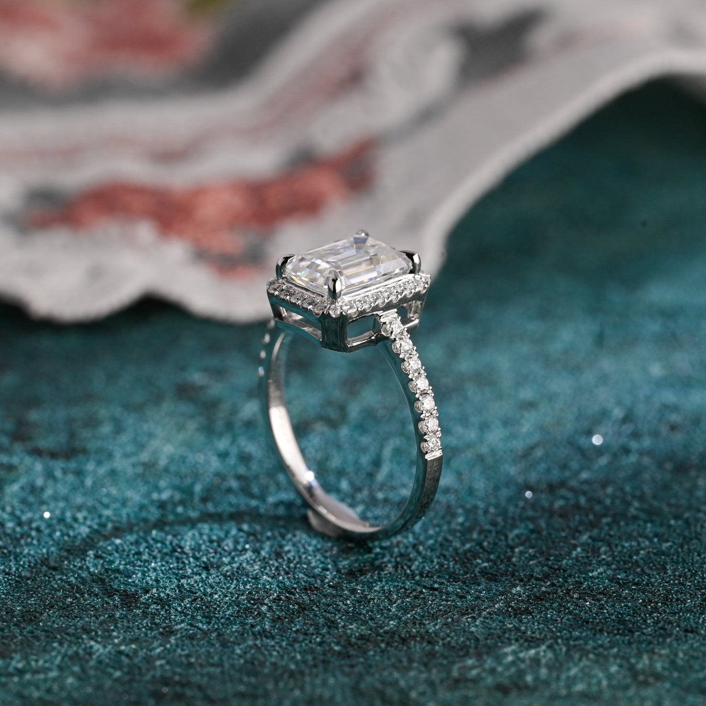 CausYou emerald cut diamond engagement ring CausYou Solid Gold D/VS1 Low Setting Halo Pave Emerald Cut Lab Grown Diamond Engagement Ring