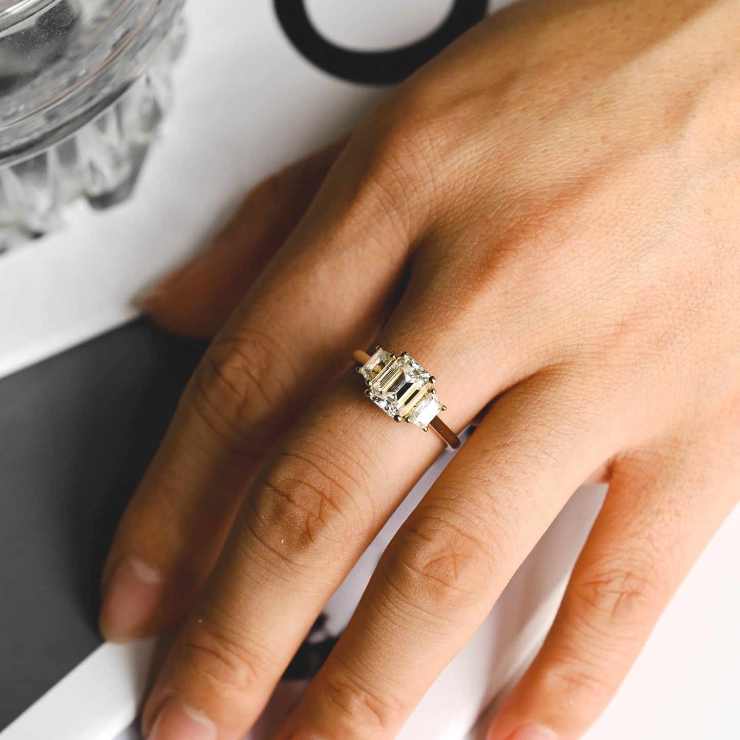 CausYou emerald cut diamond engagement ring CausYou Solid Gold D/VS1 Three Stone Emerald Cut Lab Grown Diamond Engagement Ring, Trapezoid Accents Wedding Ring