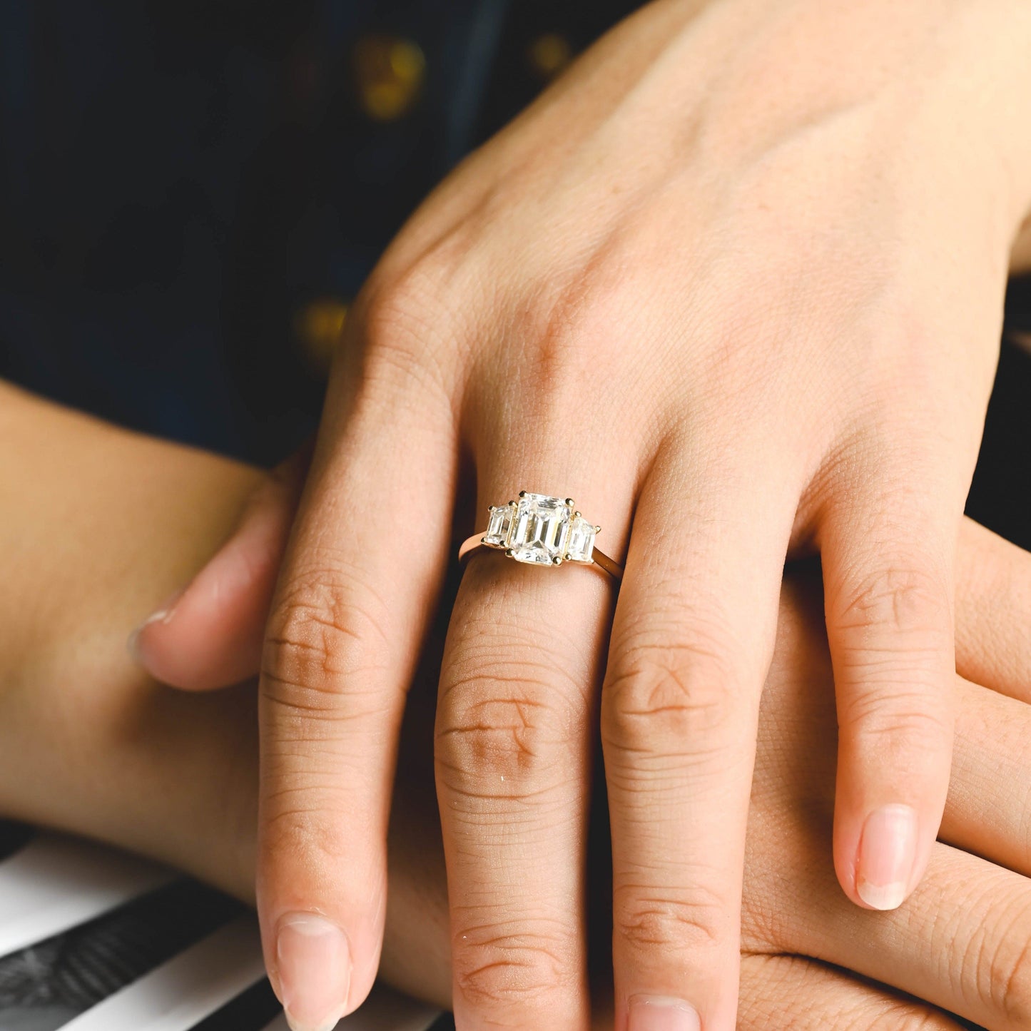 CausYou emerald cut diamond engagement ring CausYou Solid Gold D/VS1 Three Stone Emerald Cut Lab Grown Diamond Engagement Ring, Trapezoid Accents Wedding Ring